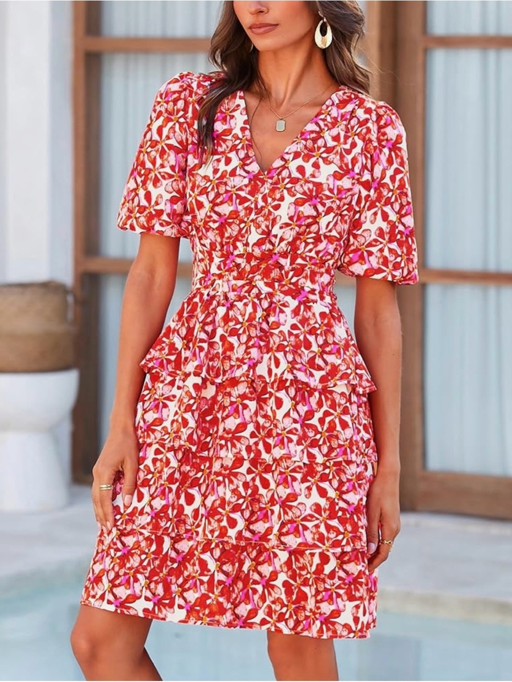 Floral V-Neck Ruffle Tiered Dress in Red - Picture 7 of 12